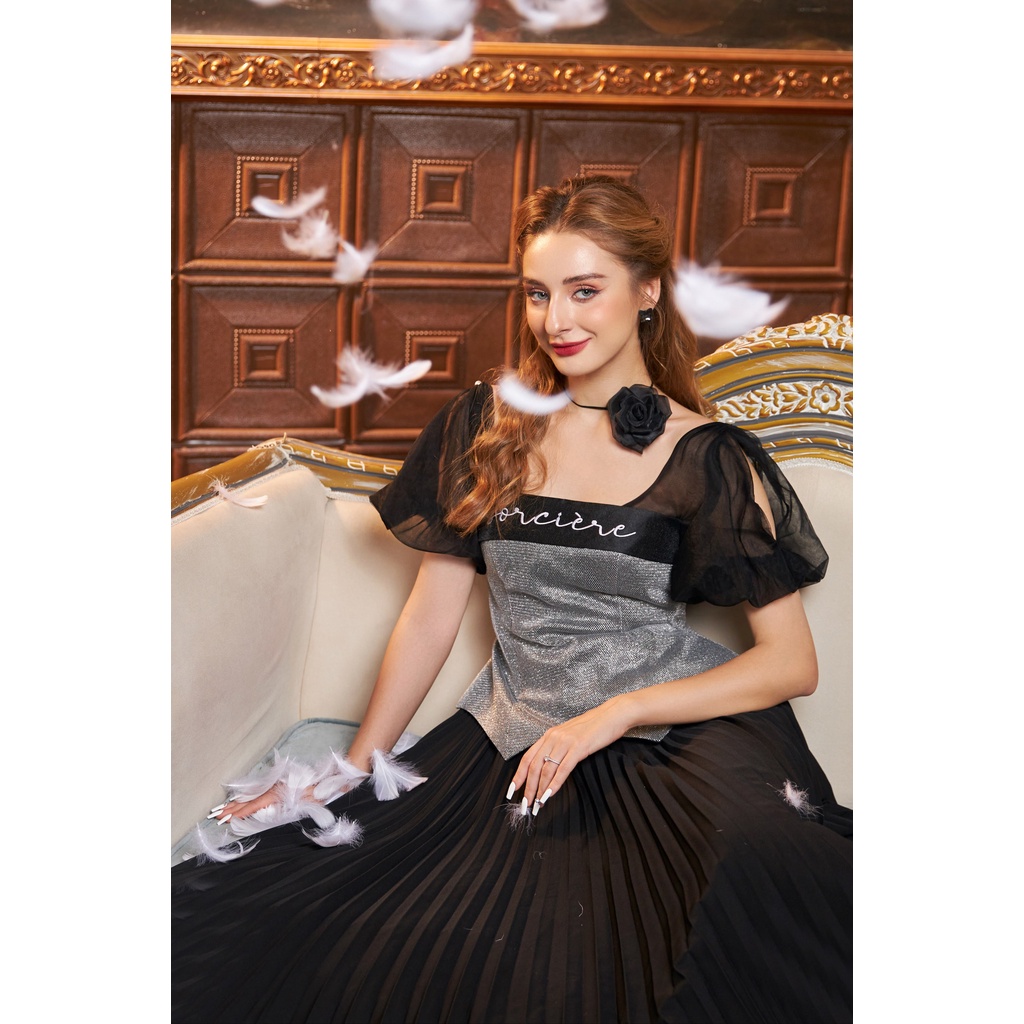 CHICHI - Váy taffta phối lưới bạc, xoè ly dẻ quạt Robe Couronne