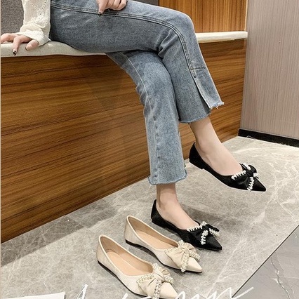 Giày Búp Bê Mũi Nhọn Đế Mềm Đính Nơ Thời Trang Xuân Thu 2022 Cho Nữ