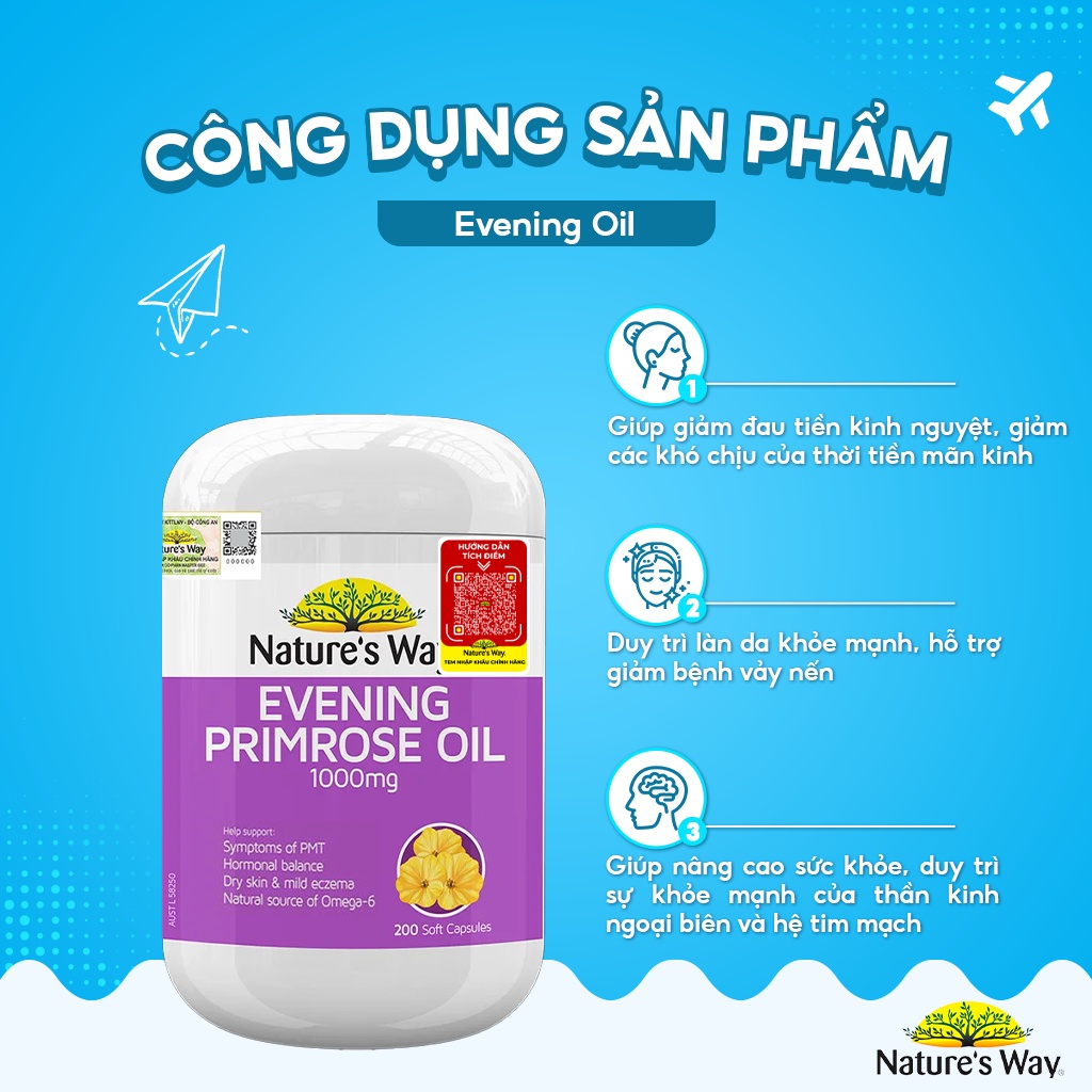 Viên Uống Tinh Dầu Hoa Anh Thảo Nature's Way Evening Primrose Oil Hỗ Trợ Cân Bằng Nội Tiết Tố Nữ 200 Viên