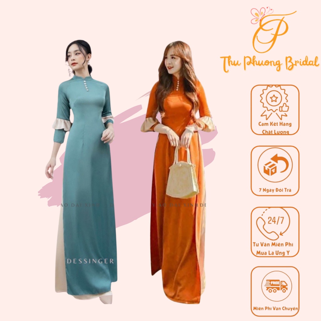 Áo Dài Thiết Kế By Lamia Với 2 Tông Màu Xanh Và Cam Trẻ Trung Đầy Cá Tính, Chất Lụa Cao Cấp Không Nhăn, Không Xù