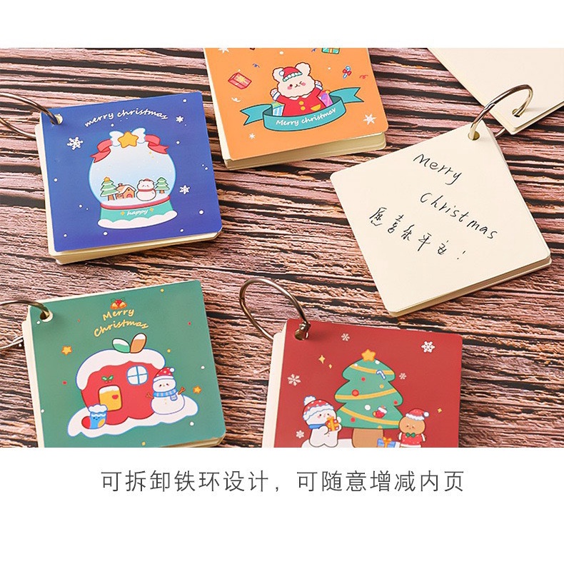 Flashcard giáng sinh, thẻ học từ vựng tiếng trung,anh,hàn, nhật kèm khoen có thể tháo rời.