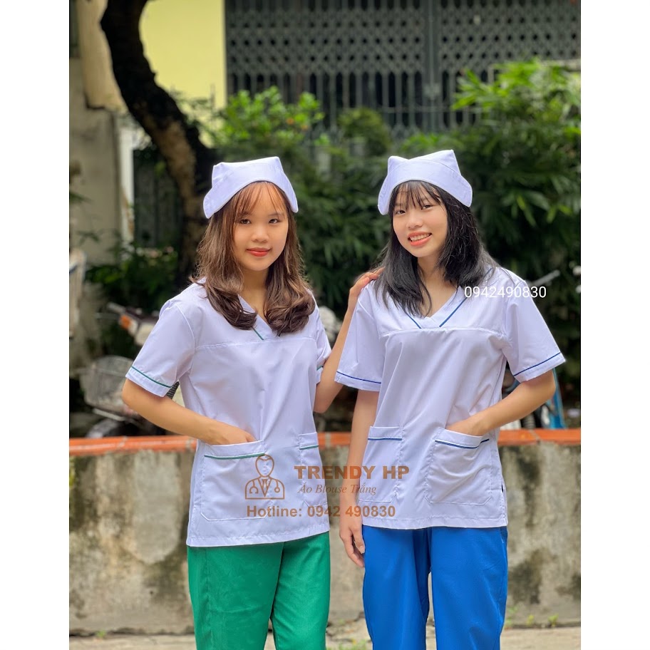 Bộ quần áo blue trắng cổ tim viền xanh kết hợp quần xanh-đồng phục blouse cho phòng khám, bệnh viện, dược sĩ, y sỹ