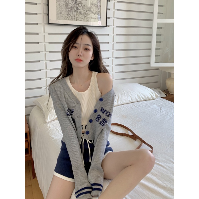 Porozi  Áo Khoác Cardigan Dệt Kim Tay Dài Cổ Chữ V In Chữ Phong Cách Vintage Hàn Quốc Cho Nữ