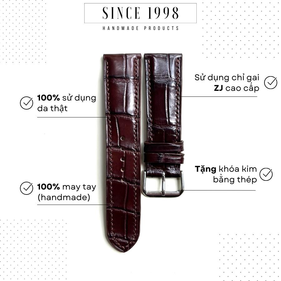 Dây Đồng Hồ Da Cá Sấu Nam 20mm 22mm, Da Thật, Handmade, Chống Nước, Chính Hãng, Màu Nâu, Bảo Hành 12 Tháng