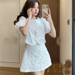 Set đầm gấm áo croptop tay phồng đính cúc kèm chân váy chữ A có lót cực dễ thương phong cách tiểu thư sang chảnh