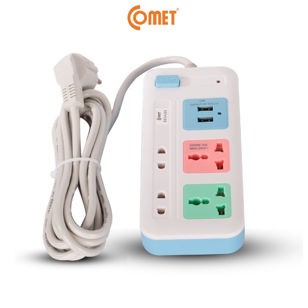 Ổ Cắm Điện Đa Năng Comet CES4223 2500W dây dài 3m, 4 lỗ cắm, 2 cổng sạc USB, 1 công tắc