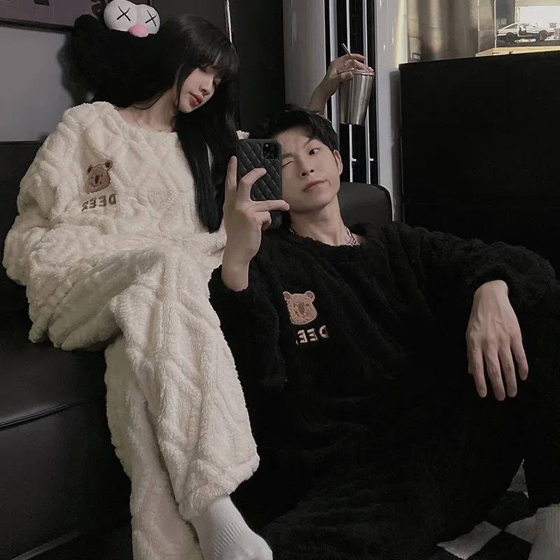 Bộ đồ ngủ cặp đôi nhung san hô gấu ins phong cách Nhật Bản bộ đồ mặc nhà nam flannel lót nhung dày dặn mùa đông c