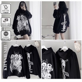 Áo hoodie nỉ ngoại in hình dáng rộng nữ - hoodie tay bồng form rộng mũ 2 lớp phong cách hàn quốc