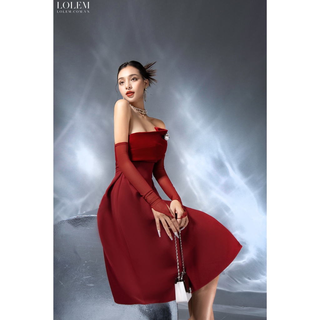 Đầm cúp ngực dự tiệc LOLEM DX393 dáng dài vải chéo Hàn mix nhung budanh