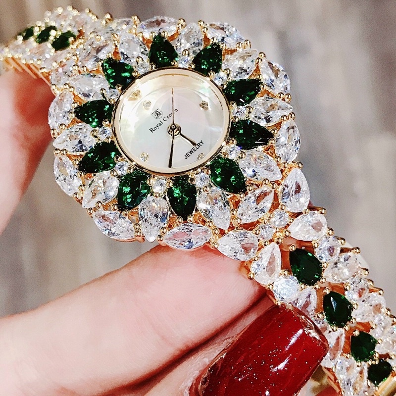 Đồng hồ Royal Crown 2035 mặt tròn hoa tuyết đính đá màu dây kim loại chính hãng