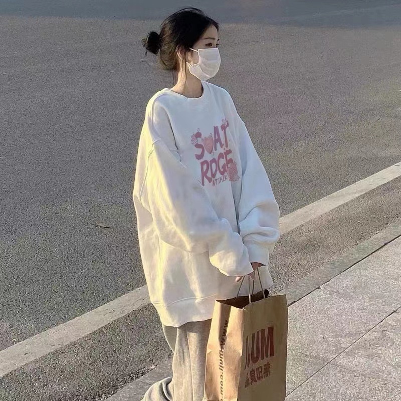 Áo nỉ  cổ tròn dáng rộng màu trắng/ đen thời trang cho nữ