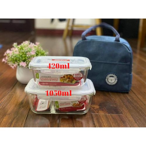 Bộ hộp cơm thủy tinh Lock & Lock 1050ml + 420ml kèm túi giữ nhiệt đựng cơm văn phòng gọn gàng tiện lợi