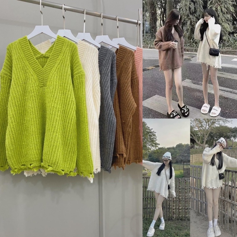 Áo Len Cổ Tim V Rách Gấu Tua Viền Siêu Hot