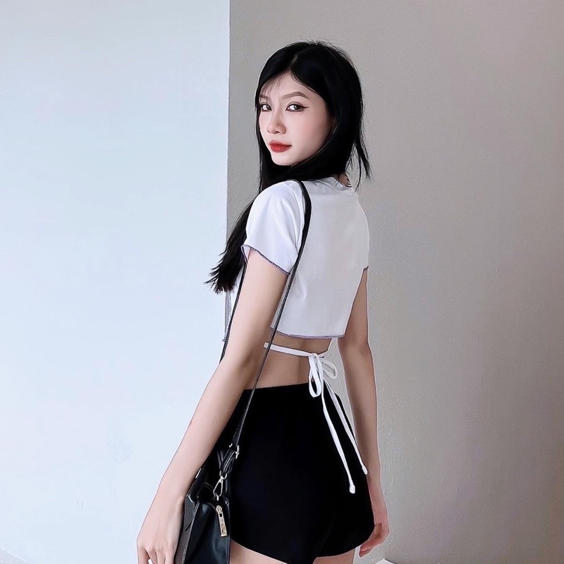 UPZ Áo Thun Croptop Cột Dây Lưng (3 Màu)