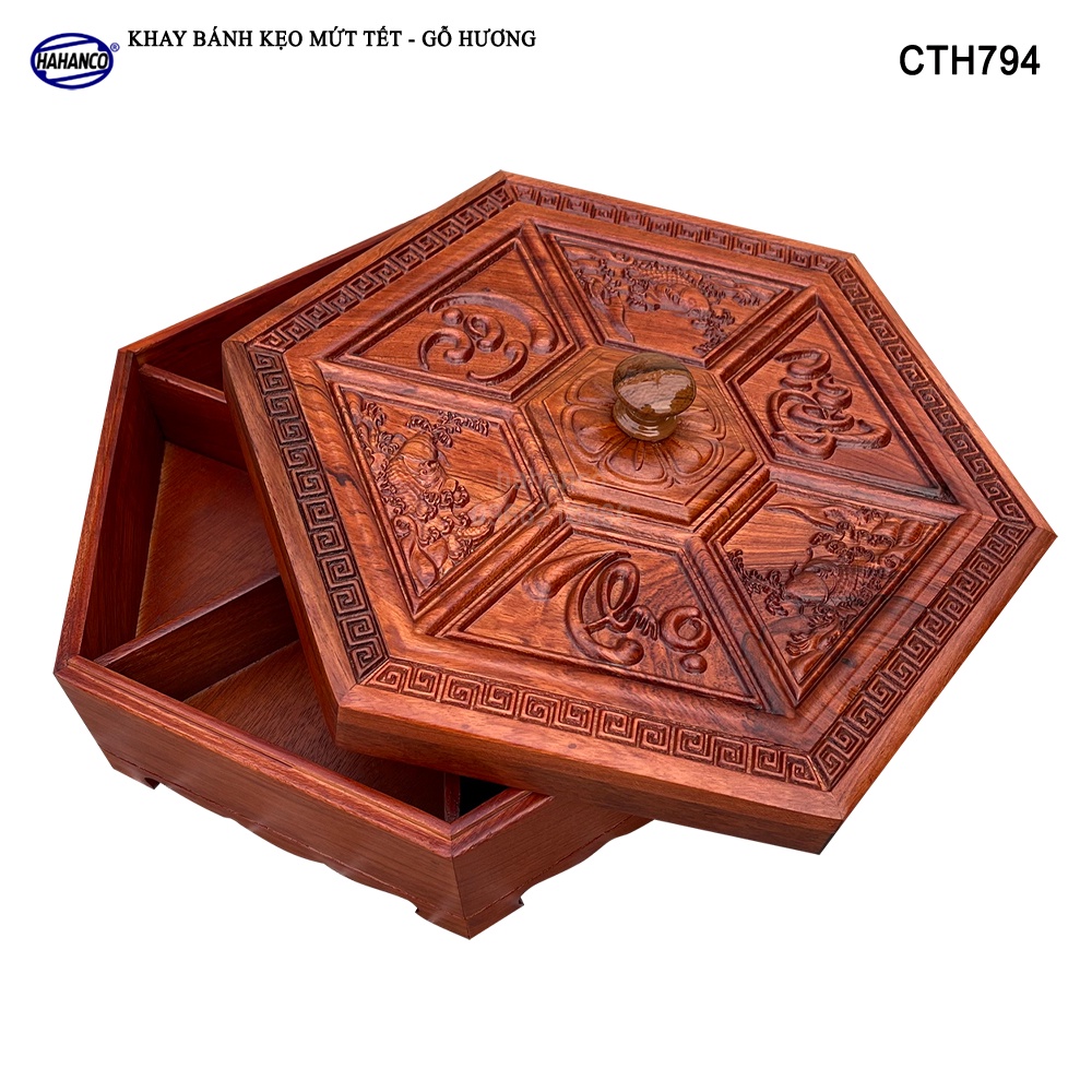 Khay đựng bánh kẹo mứt tết Phúc Lộc Thọ (Gỗ Hương Loại VIP) đục chạm đẹp - CTH794