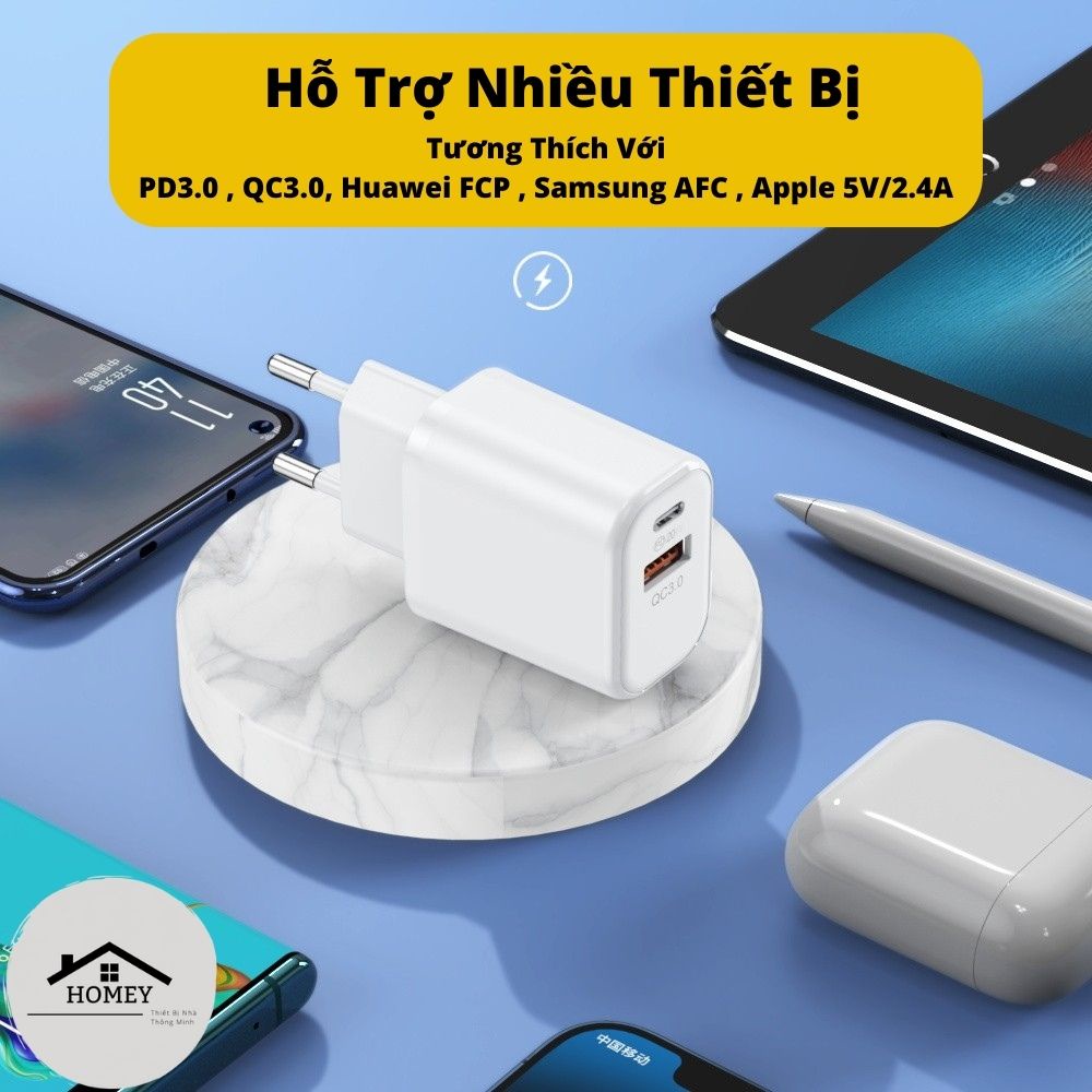 Homey - Củ sạc PD 20W &amp; QC 3.0- tiện lợi, thông minh - phù hợp nhiều dòng điện thoại, máy tính bảng