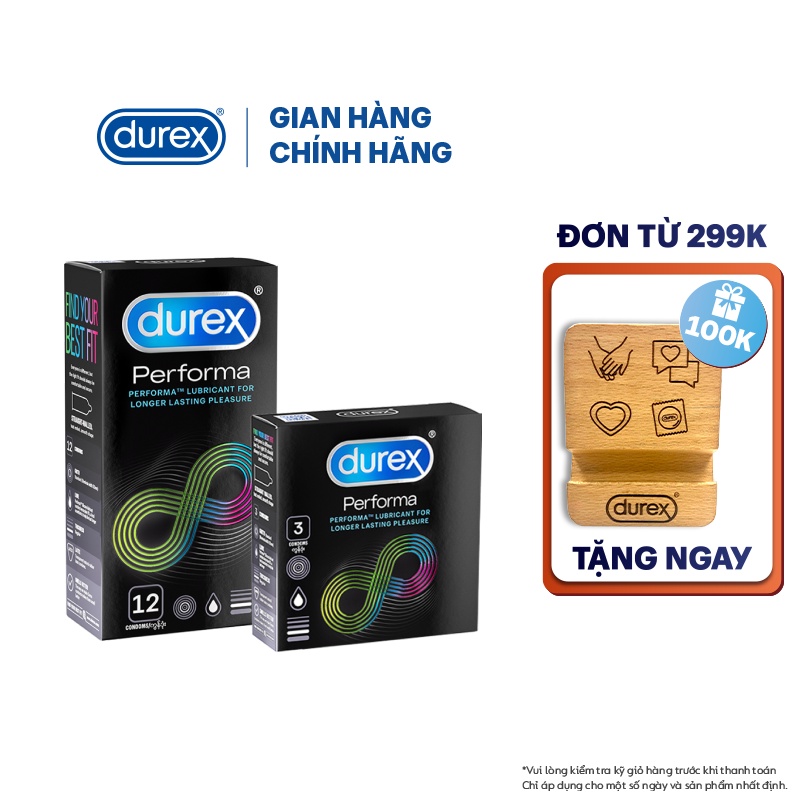 Bộ bao cao su Durex Performa kéo dài thời gian size 52mm, 1 hộp 12 bao và 1 hộp 3 bao