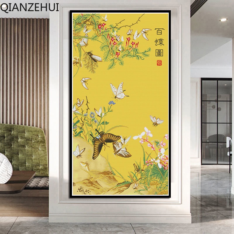 Bộ Tranh Thêu Chữ Thập 11CT DIY Hình Hoa Bướm Chất Liệu Cotton Phong Cách Hiện Đại