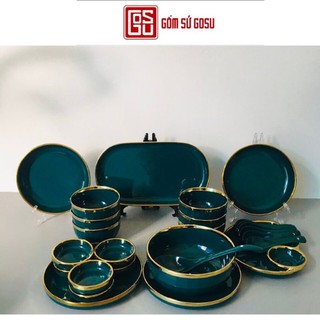 Bán Lẻ Bộ Bát Đĩa Chén Dĩa Cao Cấp Gosu Decor Xanh Ngọc Viền Vàng Mang Phong Cách Bắc Âu