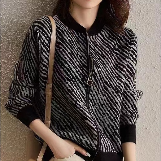 Áo Khoác Cardigan Len Dệt Kim Dáng Rộng In Họa Tiết Da Báo Phối Khóa Kéo Kiểu Phương Tây Thời Trang Thu Đông Cho Nữ