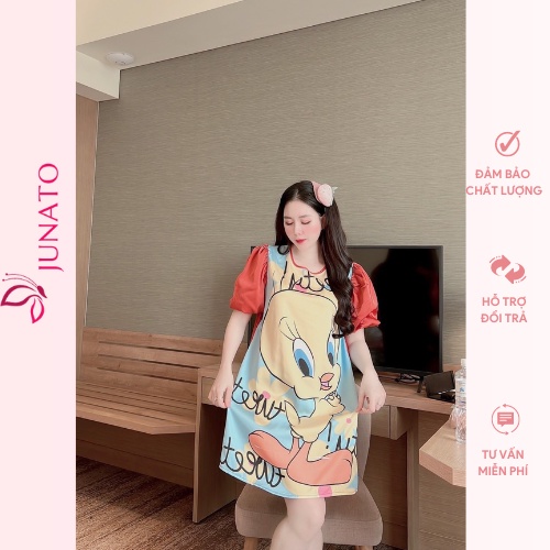 Váy nữ mặc nhà đầm ngủ lụa ngủ cao cấp tay phồng chất lụa latin in 5D thiết kế sang chảnh JUNATO LT 1