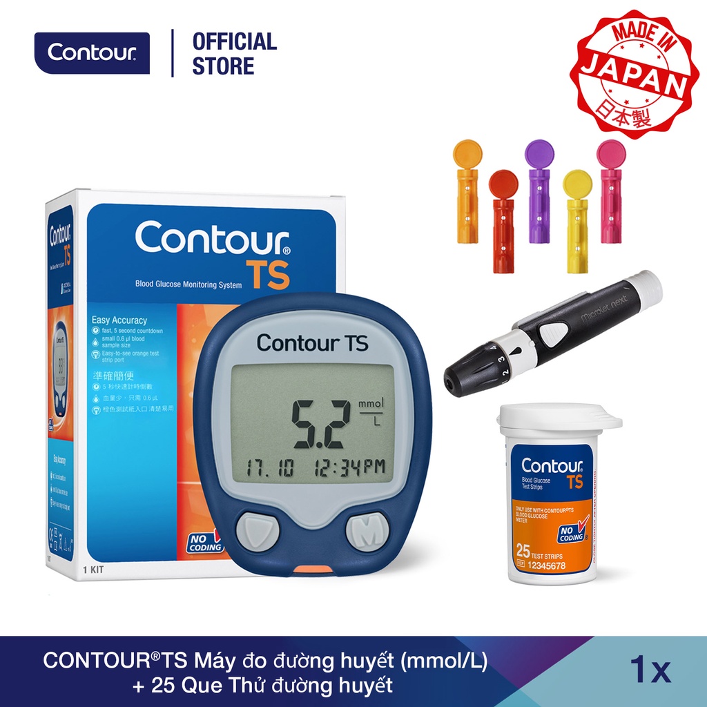 Bộ 2 sản phẩm : 1 Máy đo đường huyết CONTOUR TS (mmol/L) và 25 Que thử đường huyết