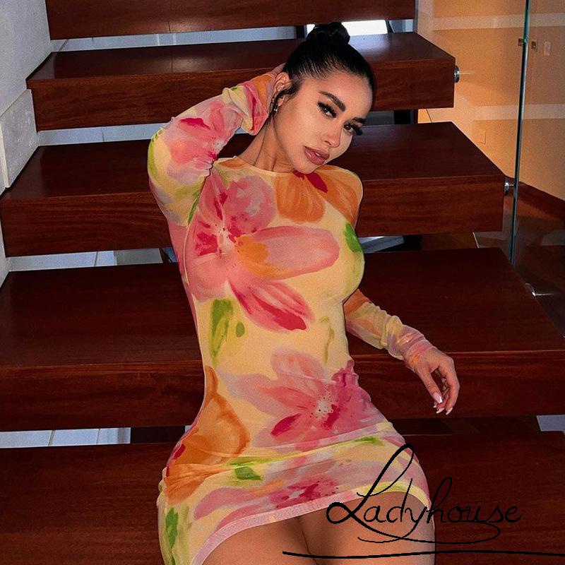 Đầm Ngắn Cổ Tròn Tay Dài Eo Cao Xuyên Thấu In Họa Tiết Hoa Cho Nữ