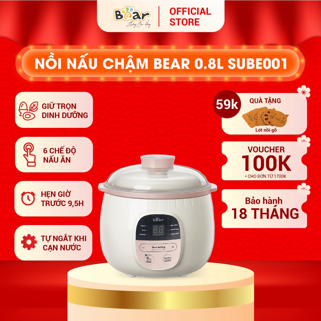 Nồi Chưng Yến Điện Bear Mini 0,8 L Cách Thuỷ Nấu Yến, Chung Yến Nhanh Chóng, An Toàn, Chính Hãng - Sube001