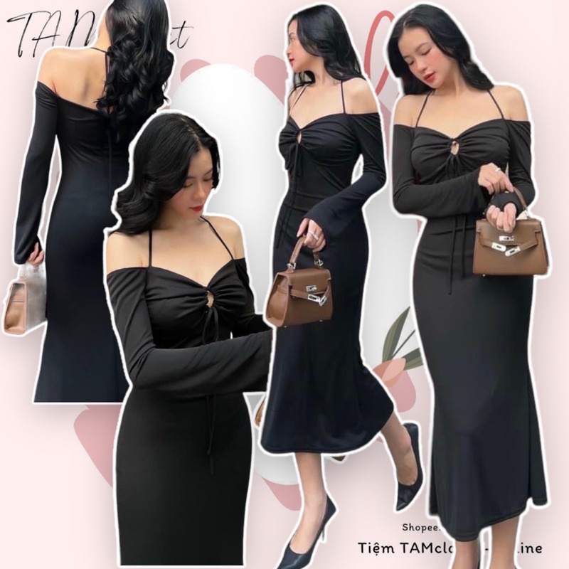Đầm midi body thun cột nơ tay dài loe chất thun dẻo sịn sò TK1498