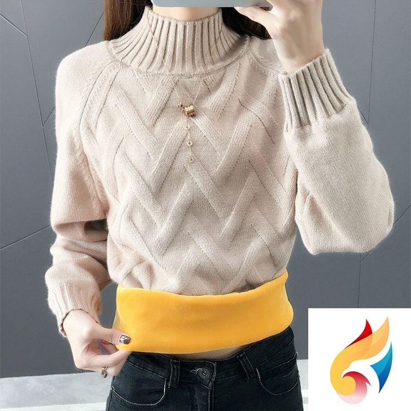 Áo Sweater Cổ Lọ Lót Lông Cừu Dáng Rộng Thời Trang Thu Đông Hàn Quốc Cho Nữ
