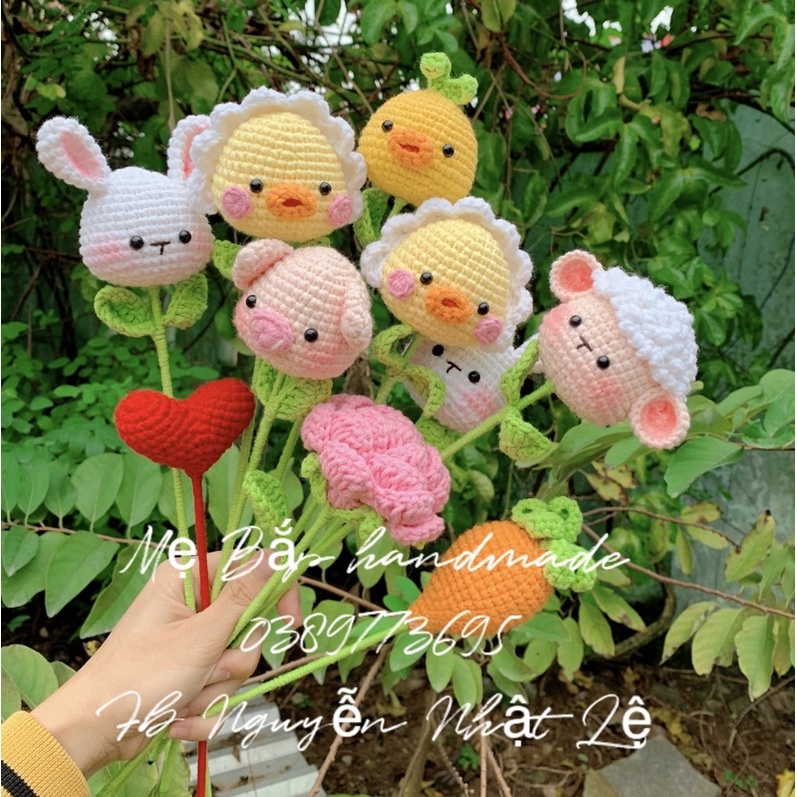 Bông hoa hình con vịt handmade bằng len (Sẵn gà, cáo, hồng, gấu, hướng dương, tuy líp,…)