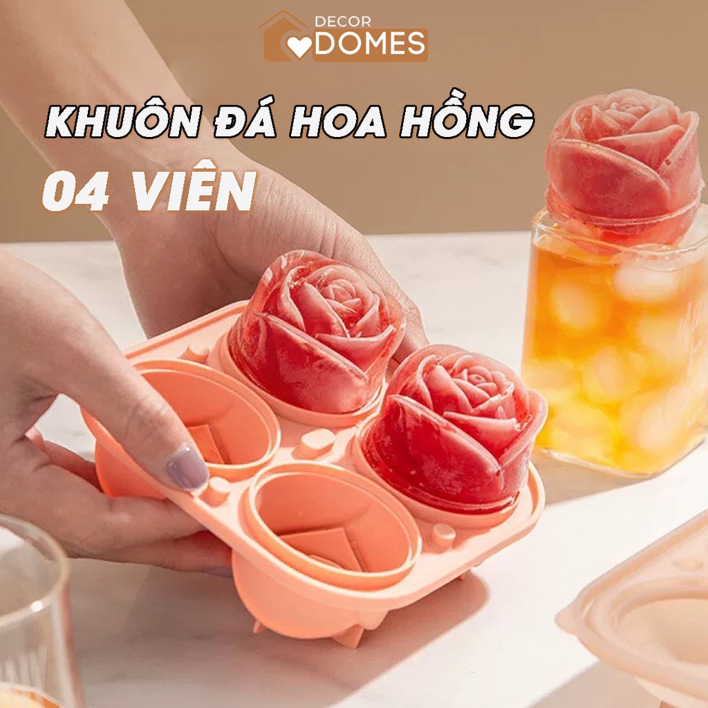 Khay đá viên hình hoa hồng, Khuôn làm thạch hoa quả hình hoa hồng cao cấp 4 viên có nắp đậy