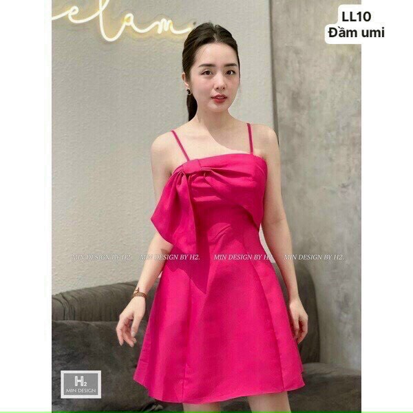 Đầm nơ 2 dây khóa kéo sau chất umi