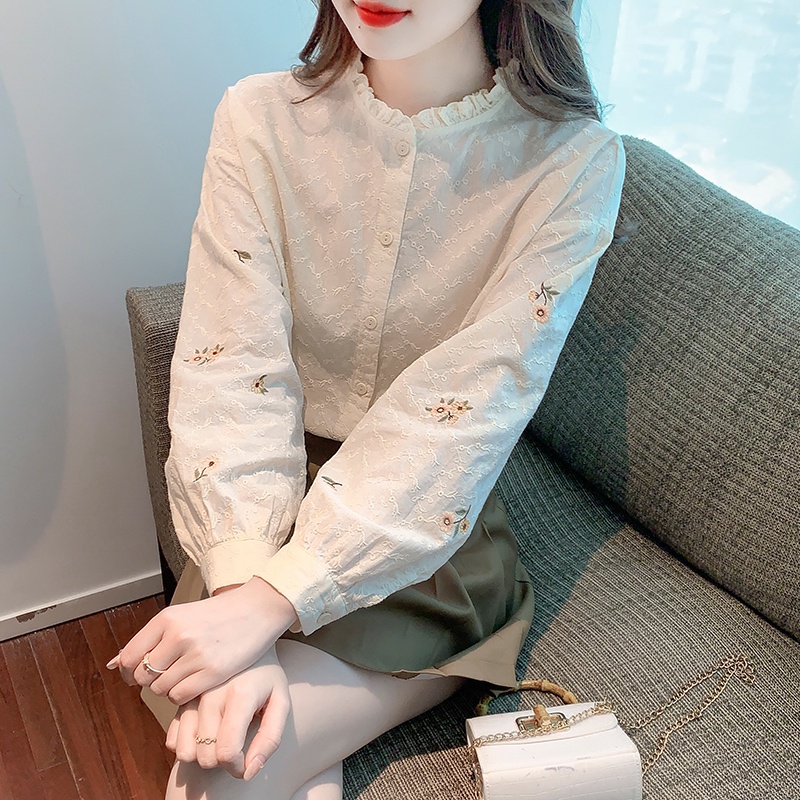 Áo sơ mi MULTIPLICATION cotton nguyên chất cổ đứng tay dài viền nấm kiểu pháp thời trang mùa thu cho nữ