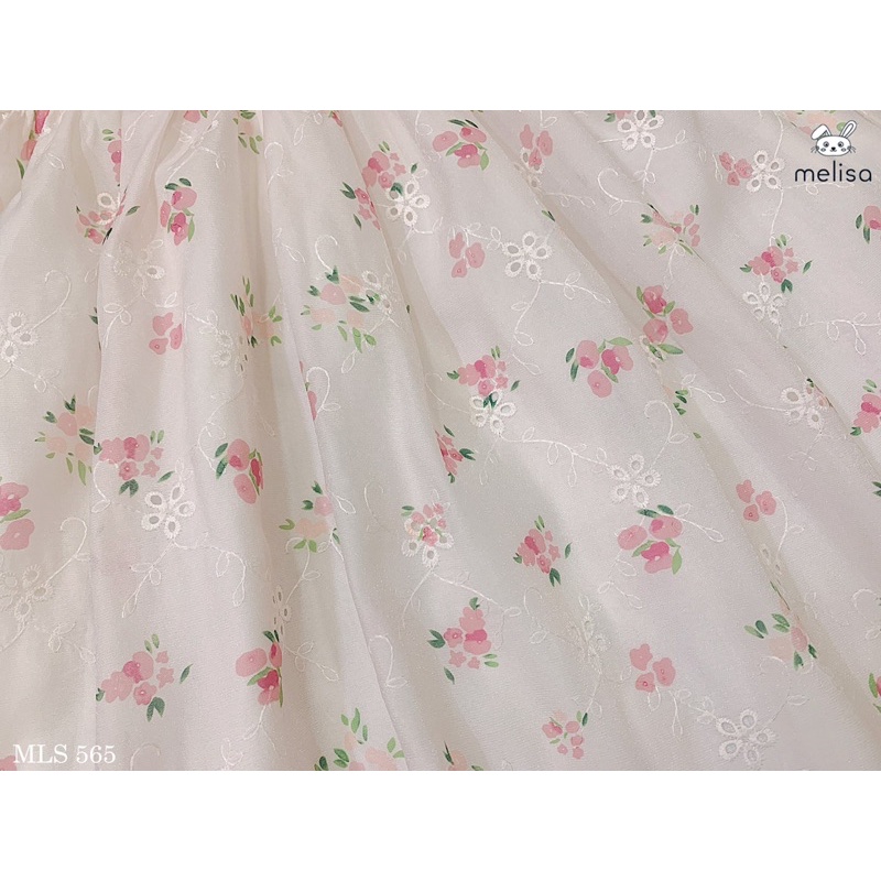 Đầm Melisa hồng hoa nhí tay bồng hồng chất tơ thêu