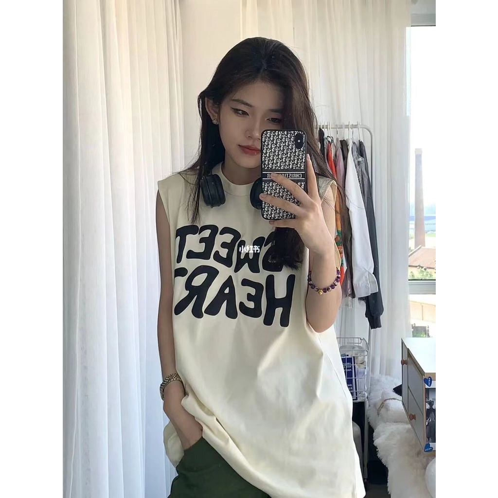Jiashucheng Áo Thun Sát Nách Dáng Rộng In Chữ Phong Cách Mỹ Thời Trang Mùa Hè Cho Nữ