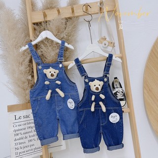 Quần bò yếm kèm gấu cho bé trai bé gái 2 mầu xanh đậm nhạt 6-16kg xhn1152