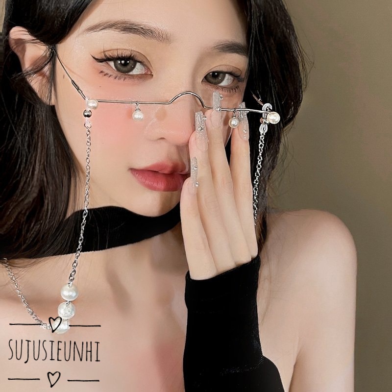 Kính nửa gọng hình vuông không tròng gắn hạt-dây xích đeo kính tạo kiểu