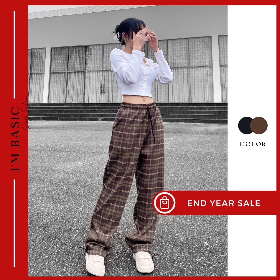 Quần Ống Rộng Caro Cạp Chun Ulzzang Chất Cotton Quần Baggy Kẻ I'm Basic (QDC01)