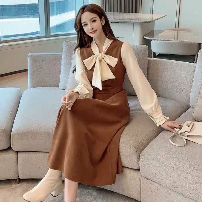 Váy đầm nữ dáng xòe tay dài quý phái phối tơ gân cực xinh họa tiết cột nơ thanh lịch dự tiệc