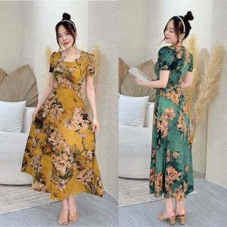 Đầm xòe hoa cổ vuông cách điệu, xếp ly eo, tay phồng S&M - GR0253