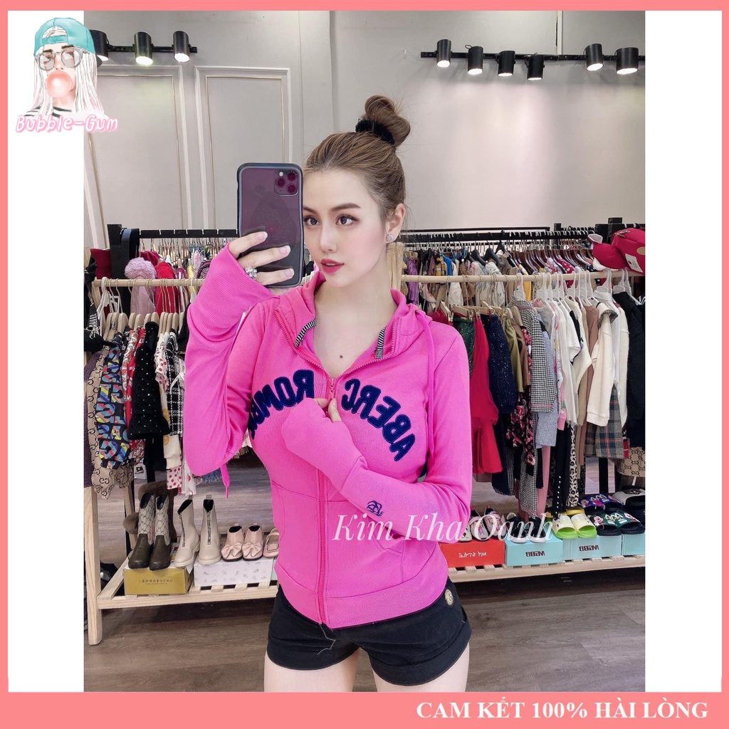 Áo Khoác Nữ Thêu Chữ Aber Chất Liệu Thun Gân Tay Xỏ Ngón 4 Túi Freesize Dưới 60kg Bubble Gum