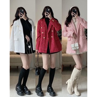 Áo khoác blazer dạ tweed phối khuy đồng có độn vai