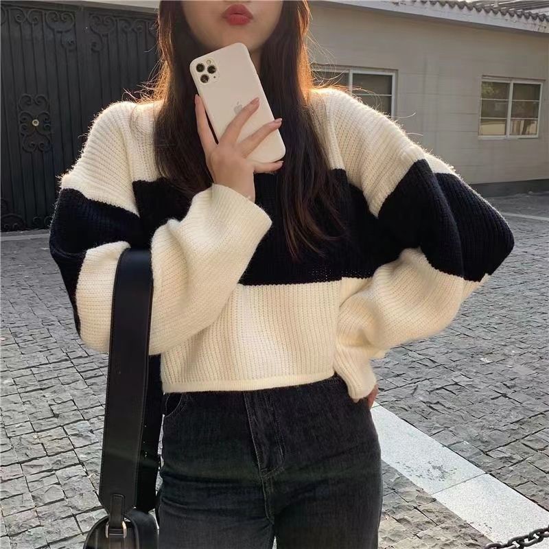 Áo Sweater Dệt Kim Dáng Rộng Ngắn Kẻ Sọc Màu Sắc Tương Phản Kiểu Vintage Nhật Bản
