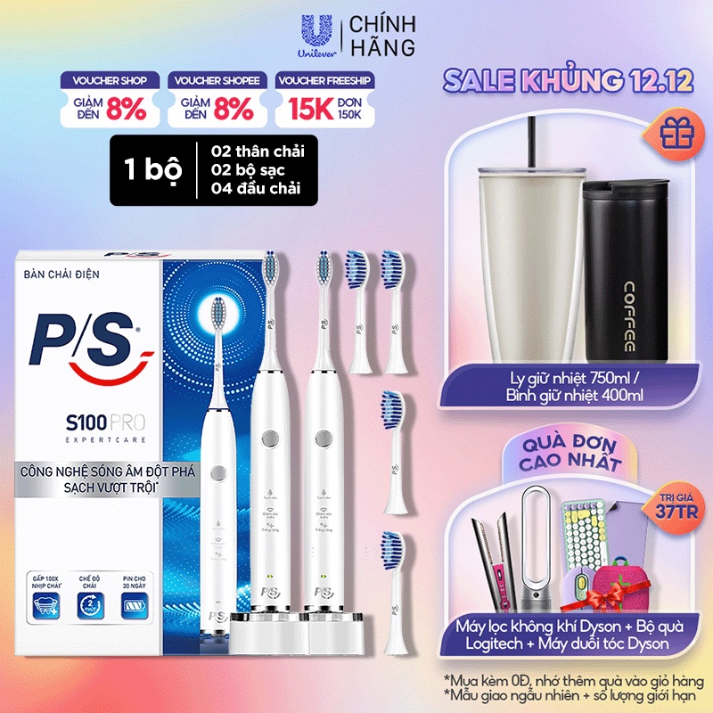 Combo 2 Bộ bàn Chải Điện P/S S100 PRO - Công Nghệ Sóng Âm, Chải Sạch Mảng Bám Tới 10X - Trắng Sáng