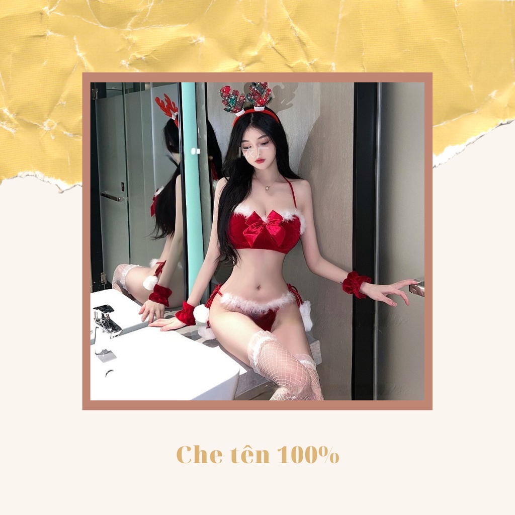 Set đồ lót, nội y, đồ ngủ, bikini noel giáng sinh đỏ nhung sexy gợi cảm tặng cài tóc