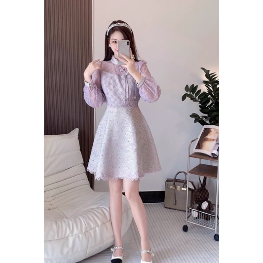 Váy dạ tweed phối tơ màu tím tiểu thư phong cách hàn quốc