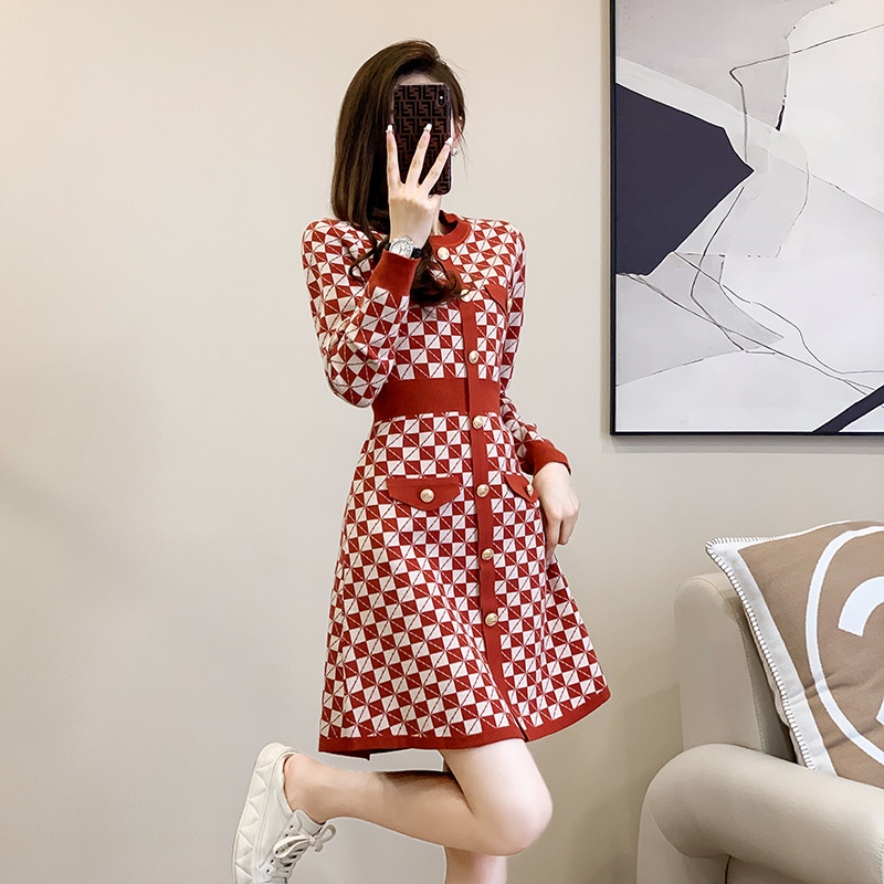 Xiaoxiang Đầm Dệt Kim Tay Dài Dáng Chữ A Ôm Eo Phong Cách Phương Tây Thời Trang Mùa Thu Dành Cho Nữ