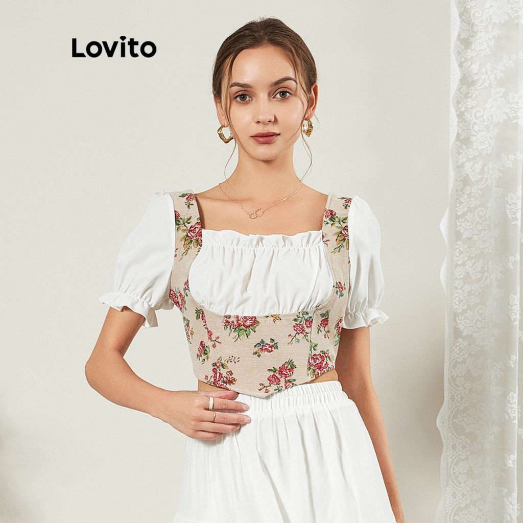 Áo cánh Lovito Dễ thương hoa Hanky Hem Rau diếp cắt tỉa 2 trong 1 sắc nét L25ED108 (Nhiều màu)