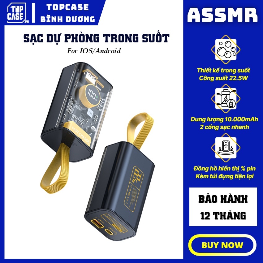 Sạc dự phòng trong suốt - ASSMR - sạc nhanh 22.5w, dung lượng 10.000mAh, sạc cùng lúc 2 thiết bị - TOPCASE BÌNH DƯƠNG
